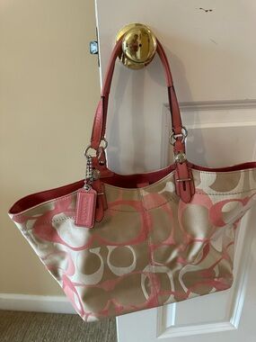 Coach Pink Signature Canvas Tote with Leather Trim